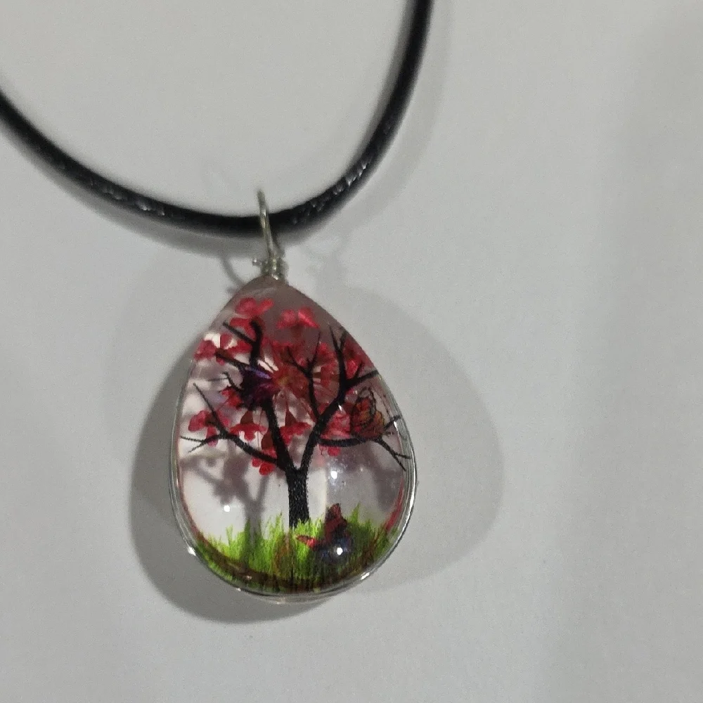 Teardrop Pendant Necklace – Red Blossom Floral Resin Jewelry on a Black Cord
